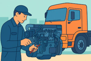 Dieselmoottorin ruiskutusjärjestelmän huolto kuorma-autossa